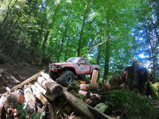 RC Truck im Wald auf einem Parcours aus Baumstämmen